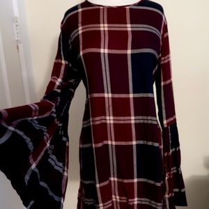 BCBG | Red & Black plaid midi dress with bell sleeves | Size Medium